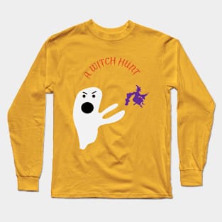 Halloween illustration of ghost and witch on white background with red font Long Sleeve T-Shirt